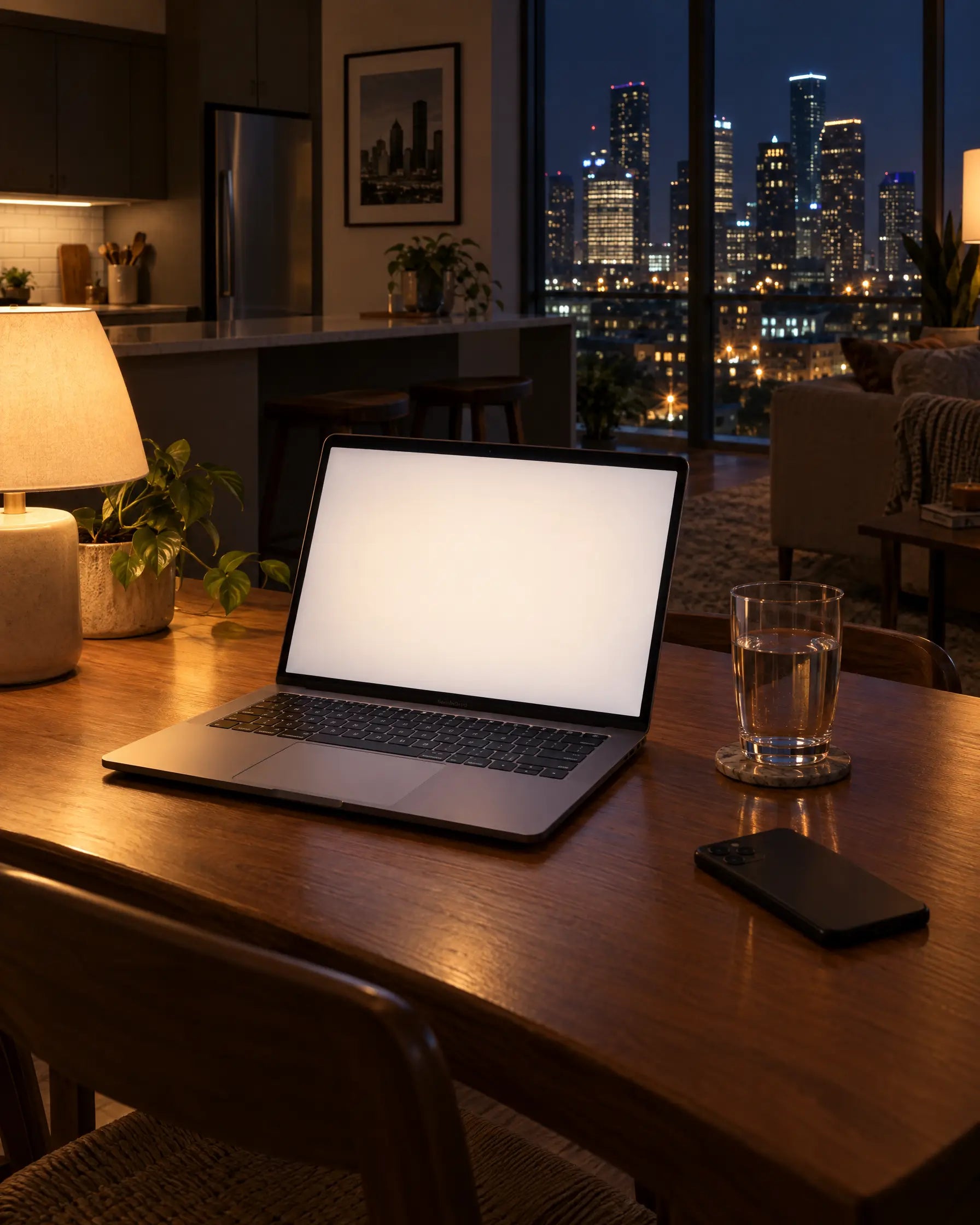 Illustrative image: an open laptop on a kitchen table at night