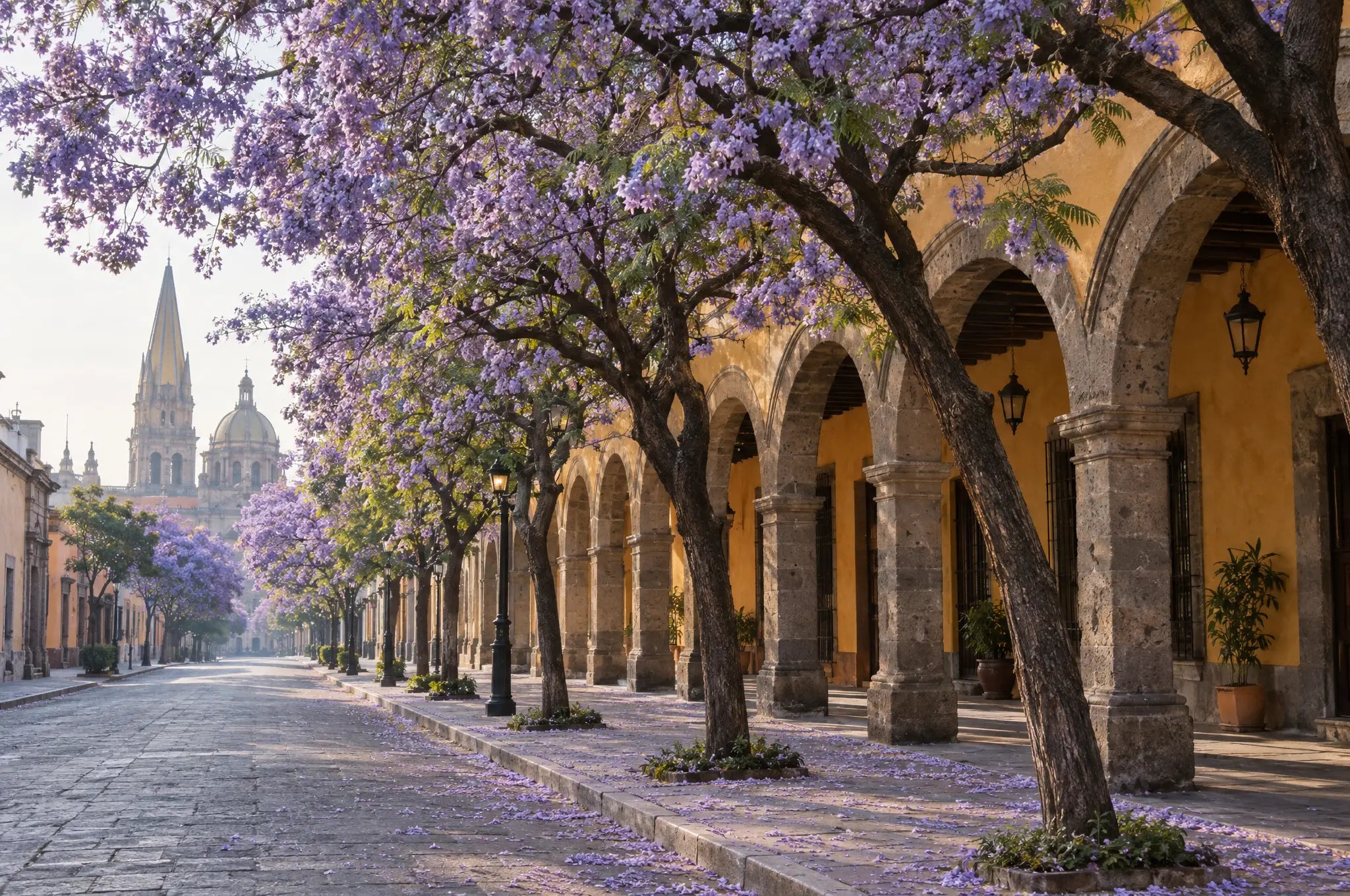 Illustrative image: a street in Guadalajara's historic center with jacaranda trees in bloom
